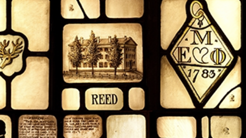 A stained glass image showing Reed Hall