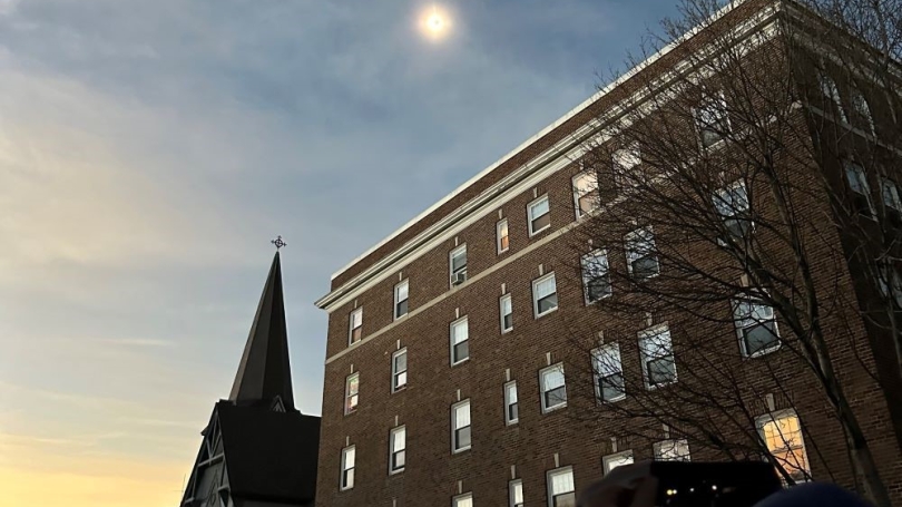 view of solar eclipse on Main street St. Johnsbury