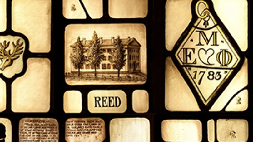 A stained glass image showing Reed Hall A stained glass image showing Reed Hall